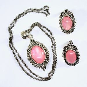 Retro Necklace Earring Set, Pink Stones, Signed MJ